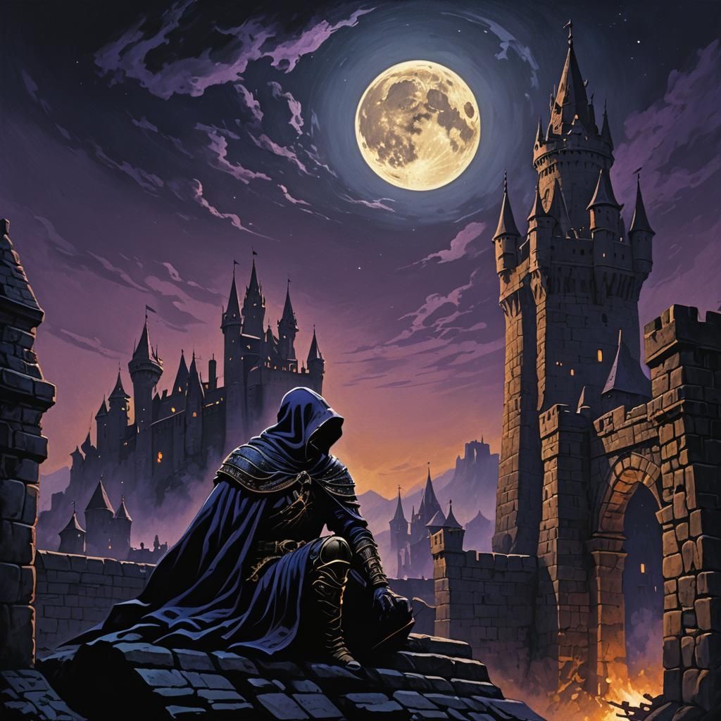Hooded Figure on Castle Wall in Dark Fantasy Style