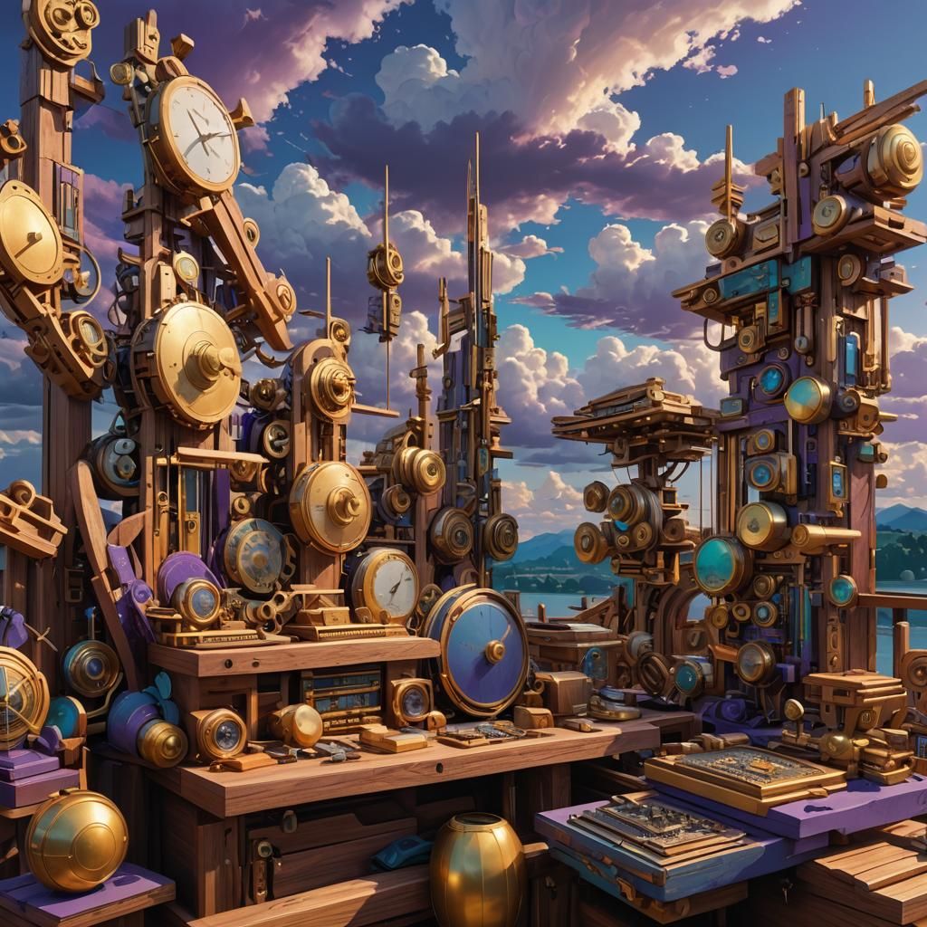 Detailed Wood Sculpture in Triadic Colors and Volumetric Lig...