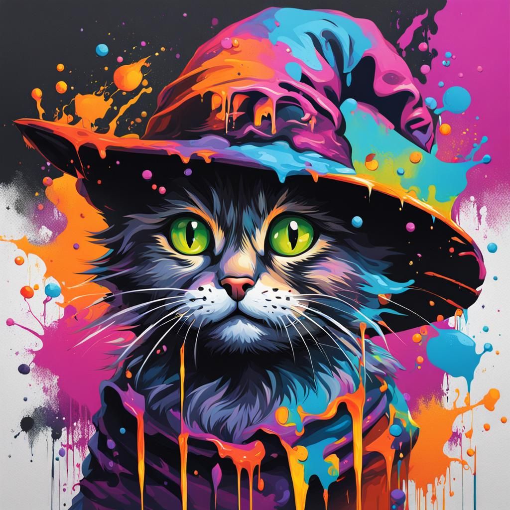 Whimsical Witch Kitten in Graffiti Art Style