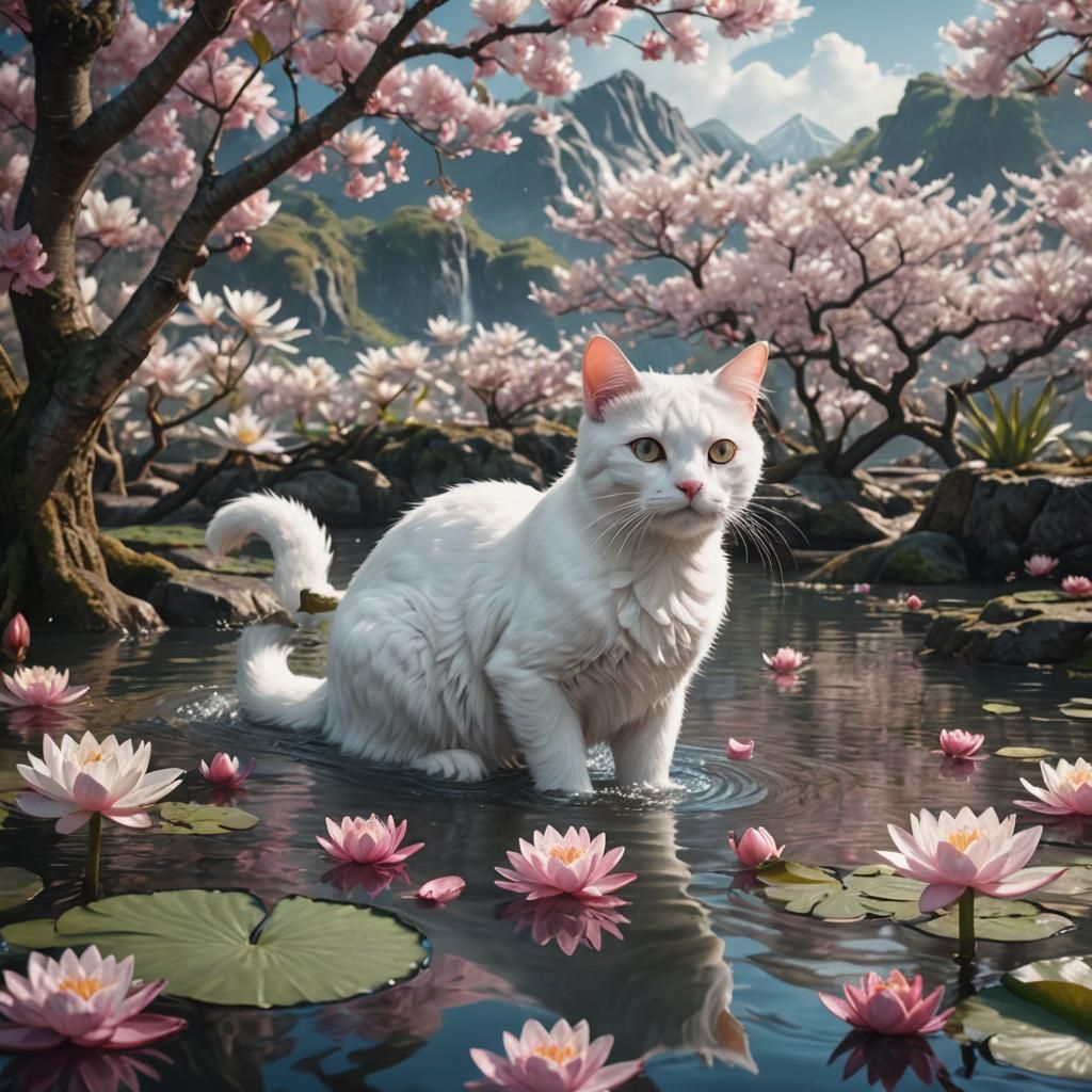 White Cat in Lake with Almond Blossom: Matte Painting