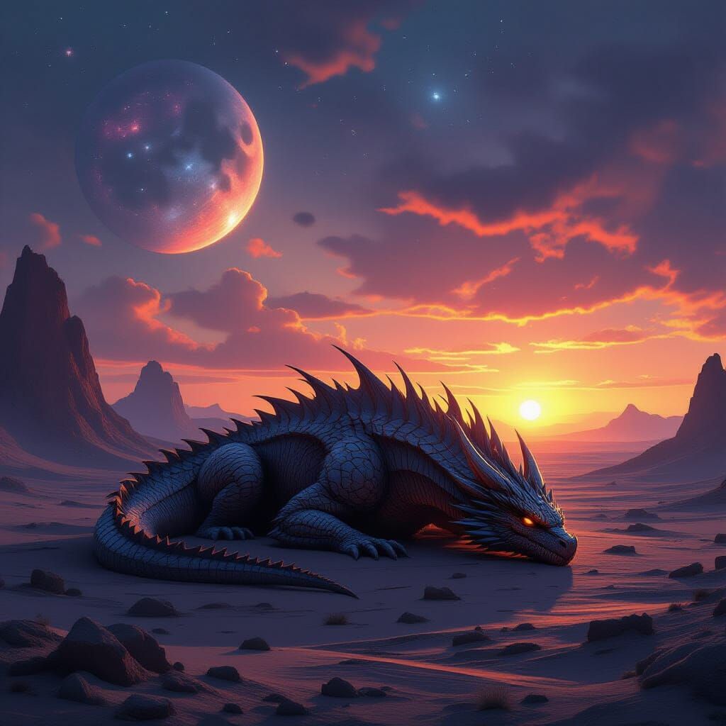 Colossal Dragon Rests on Alien World Under Binary Sunset