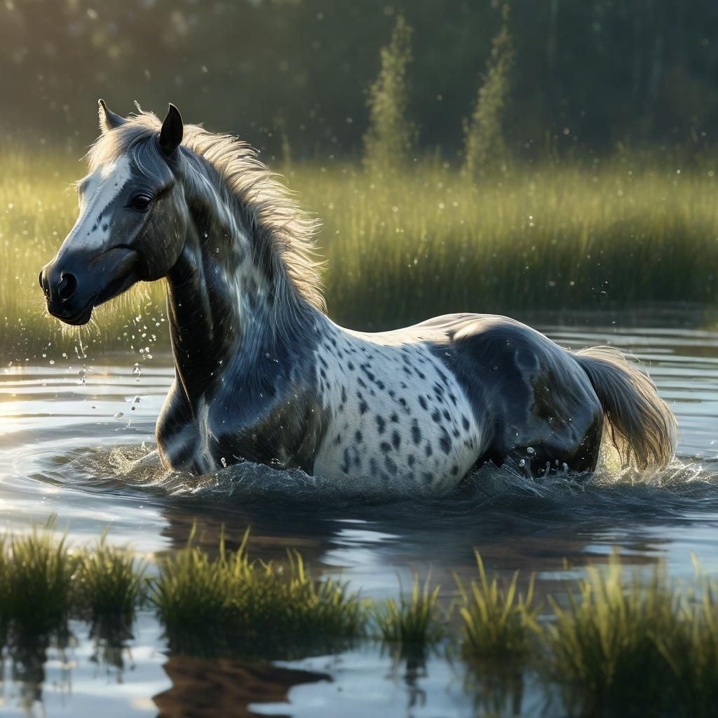 Foal Splashing in Lake: Photorealistic CGI