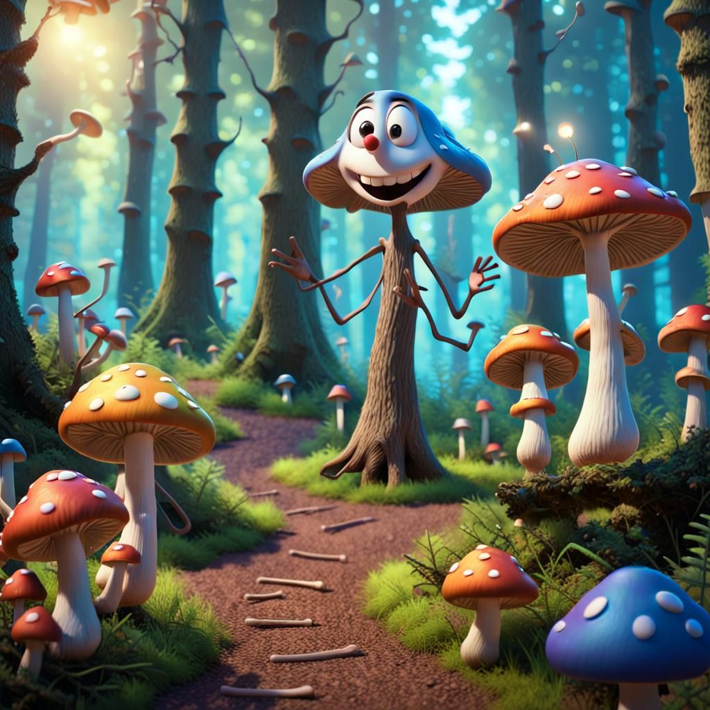 Pixar-Style Tree Branch Conductor Leading Mushroom Choir