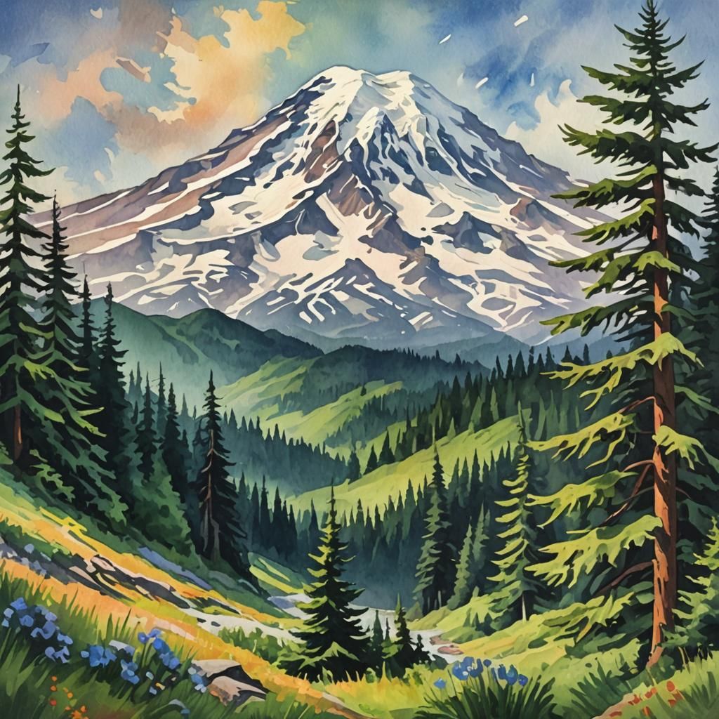 Majestic Mt. Rainer in Gouache Watercolor Style