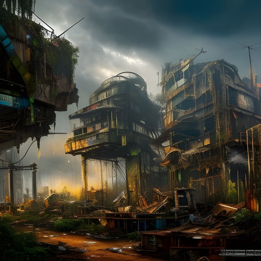 Detailed Isometric Post-Apocalyptic Metropolis in Rain