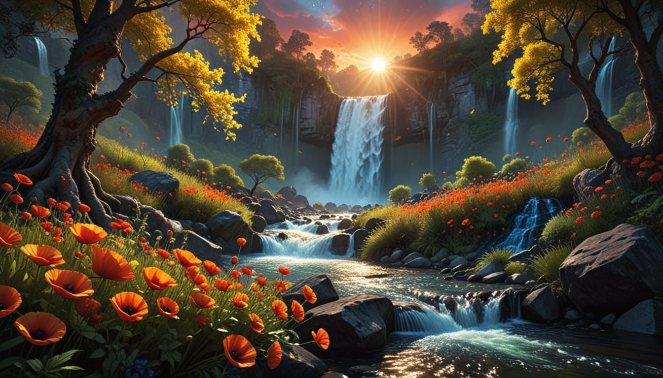 Summer to Autumn Waterfall Landscape Illustration