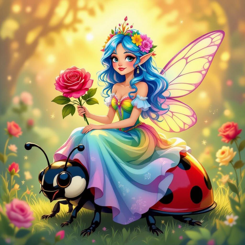 Blue-Haired Fairy on Ladybug in Psychedelic Style