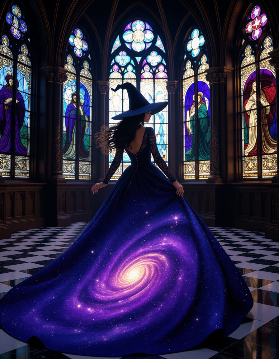 Glamorous Galaxy Witch in Gothic Cathedral, Art Nouveau Styl...
