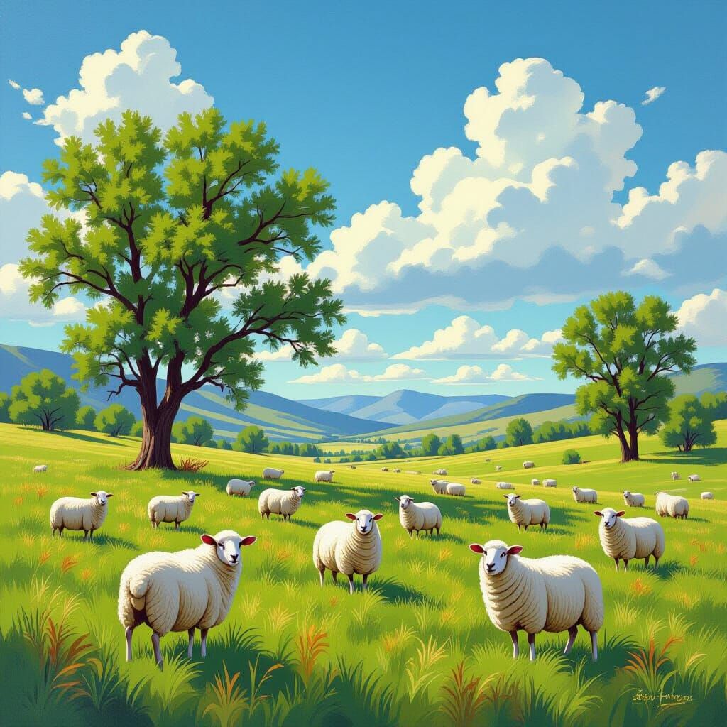 Sheep in New Mexico Field as Regionalist Painting