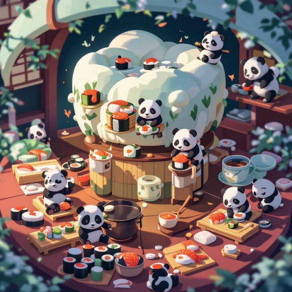 Anime Sushi Restaurant with Pandas Cooking