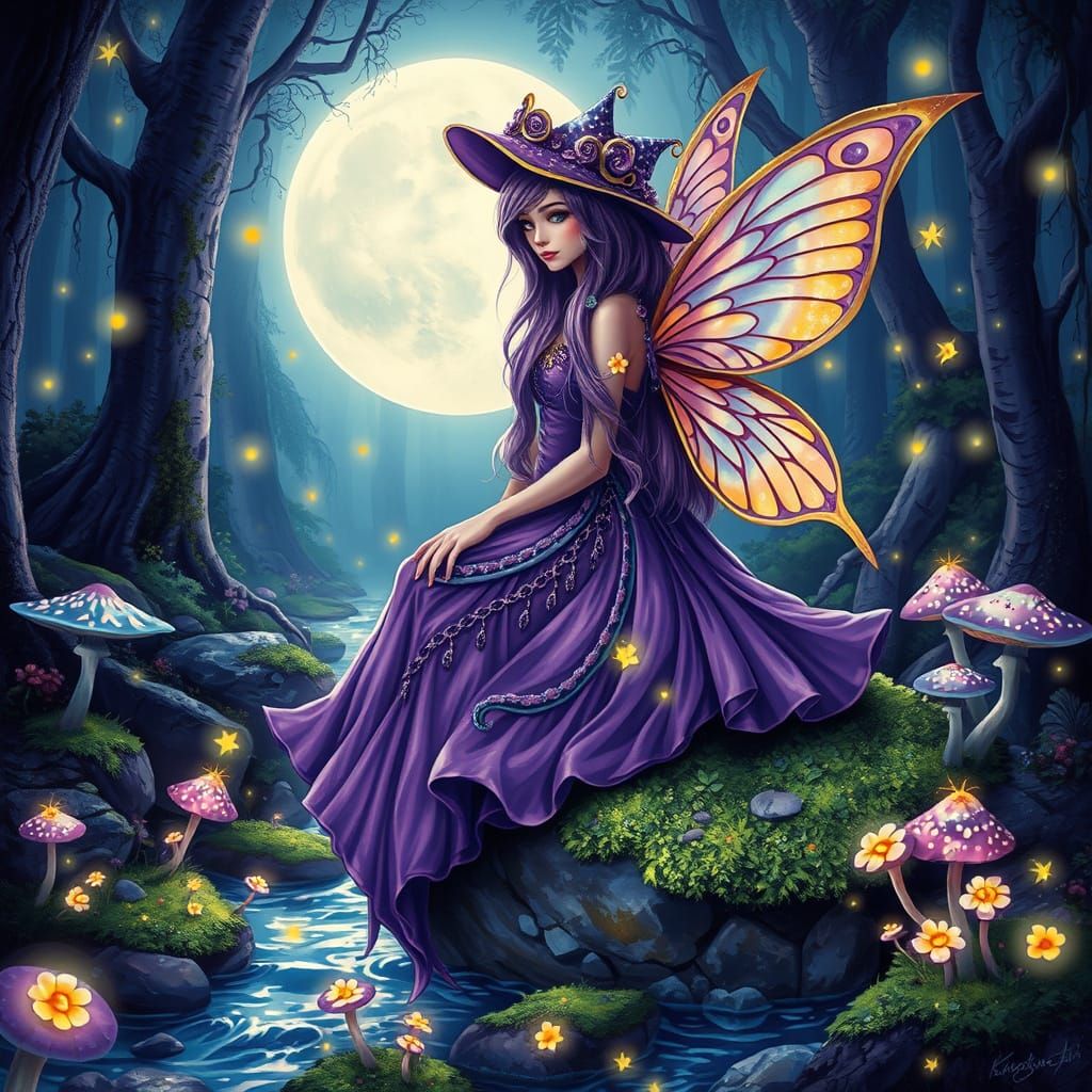 A Fairy Enchantress in Vibrant, Moonlit Forest