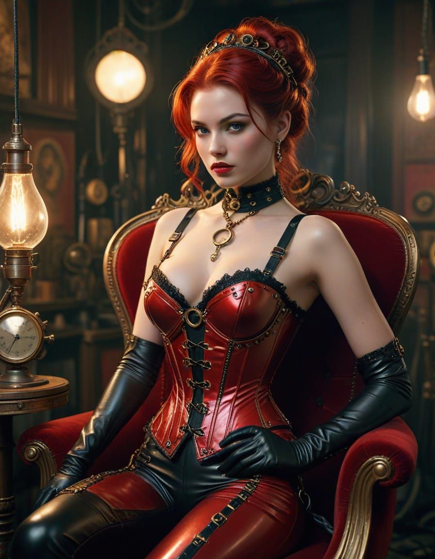 Pin-Up Woman in Steampunk Workshop with Crimson Lighting