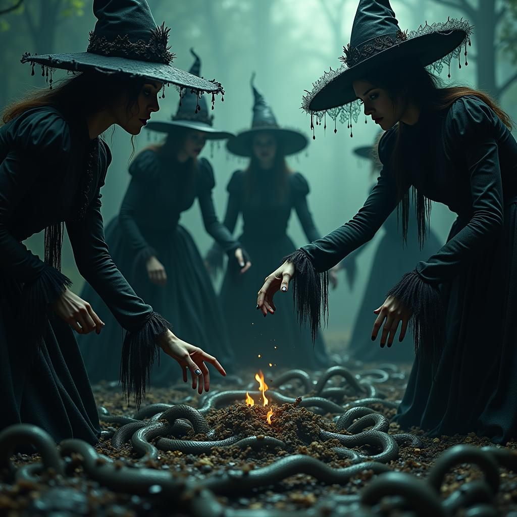 Eerie Victorian Witches with Snakes, Mystical Realm