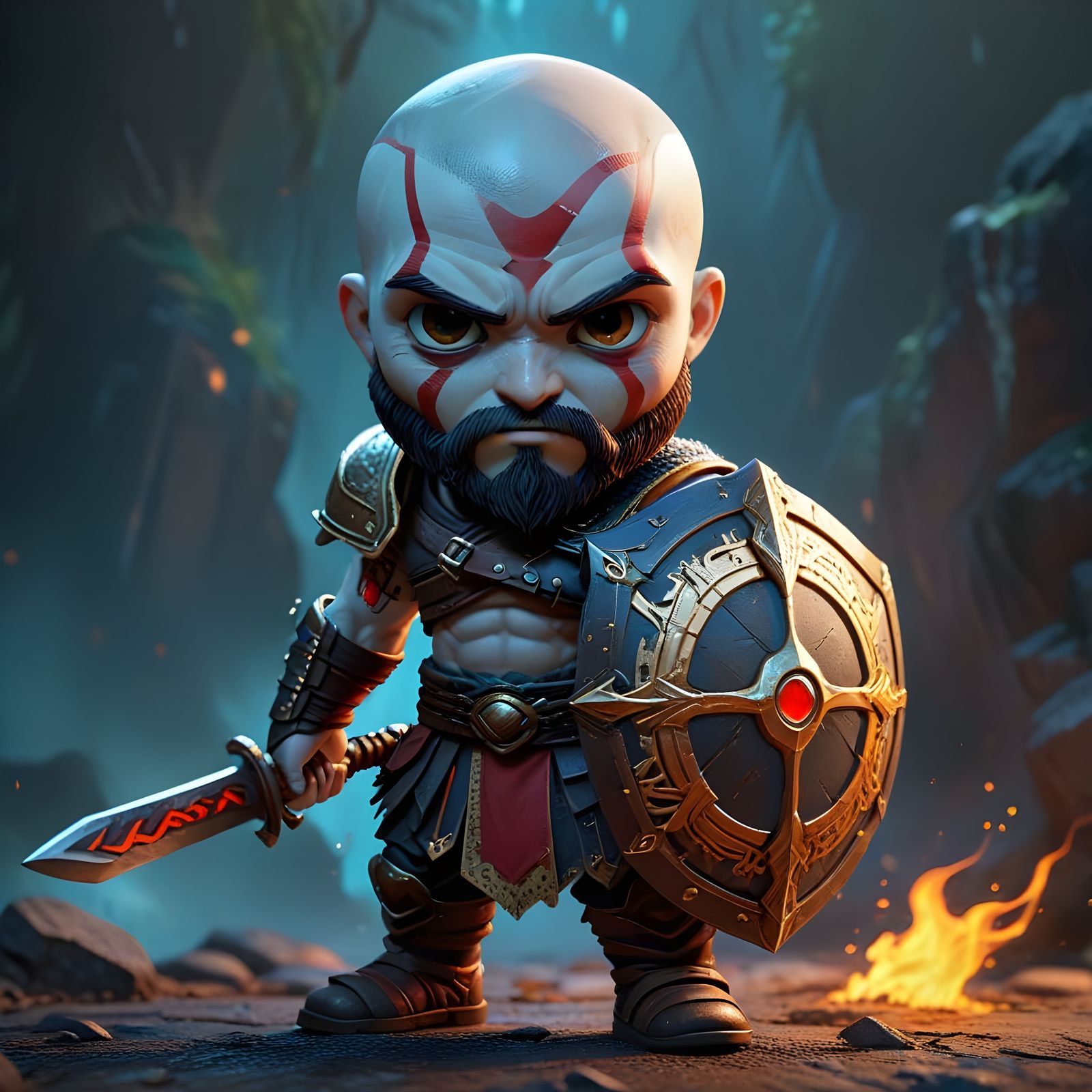 Chibi Kratos in Cinematic Anime Style