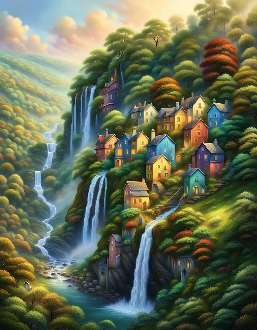 Colorful Thimble Village on Wooded Hillside