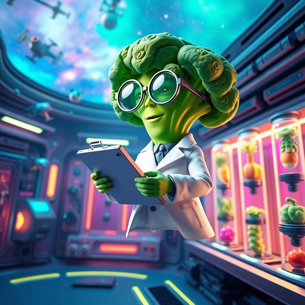 Nerdy Broccoli Scientist in Space Lab: Pixar-Style 3D Animat...