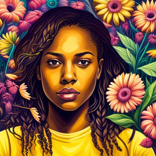 Colorful Graffiti Portrait in Lush Flower Meadow