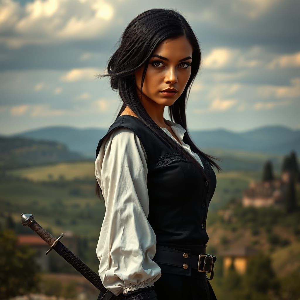 Handsome Woman in Musketeer Outfit, Tuscany Landscape