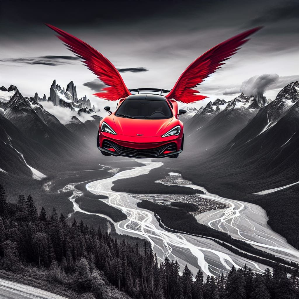 Winged Red Car Soaring Above Black and White World
