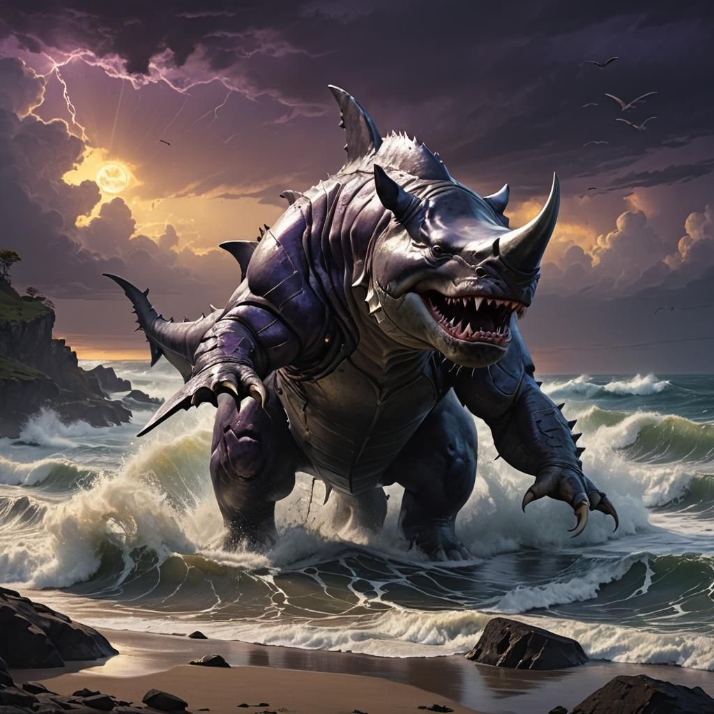 Shark-Rhino Hybrid on Stormy Shore, Dark Fantasy Art