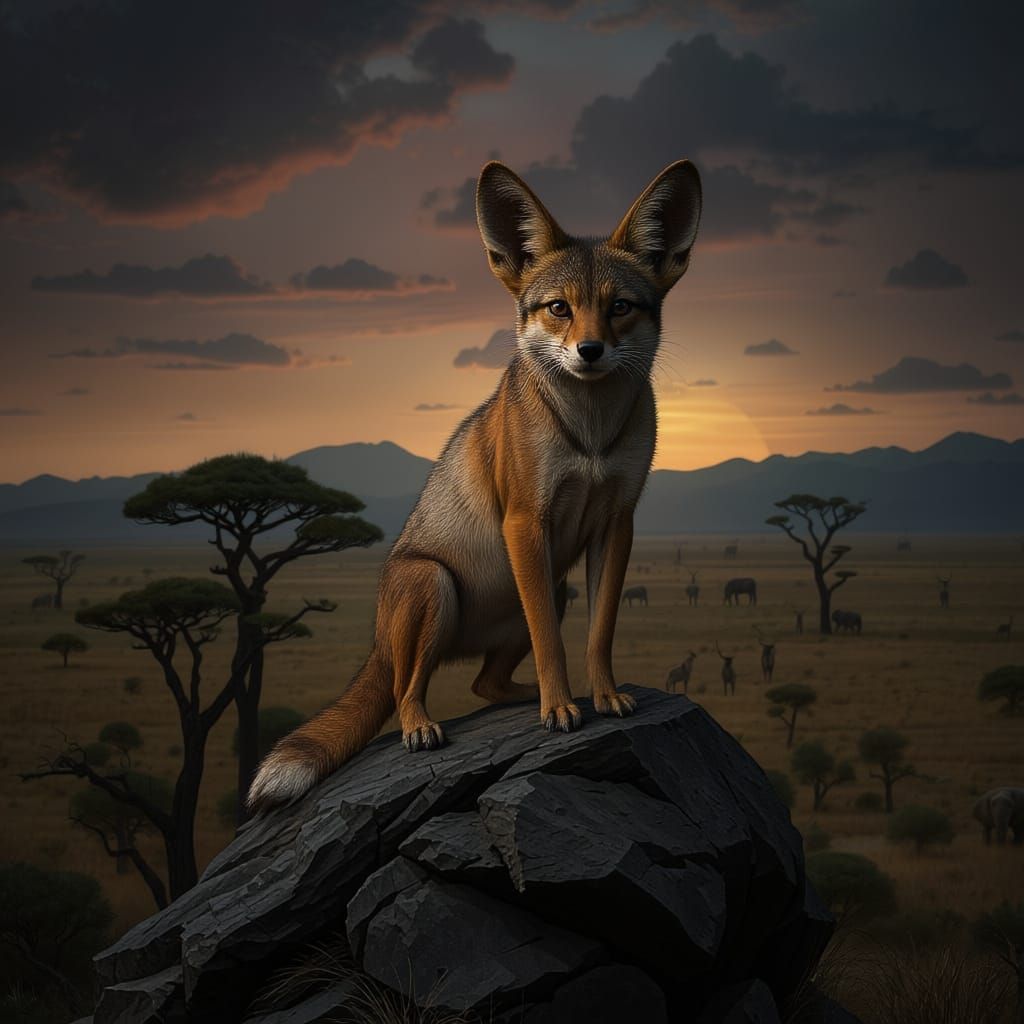 Fennec Fox on Surreal African Plains Under Colorful Sky