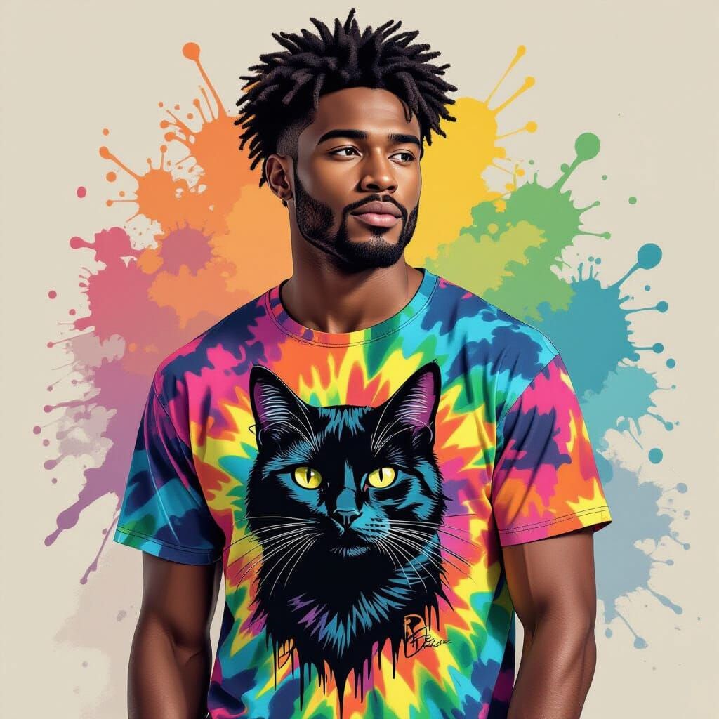 Handsome Man in Tie-Dye with Graffiti Cat Shirt