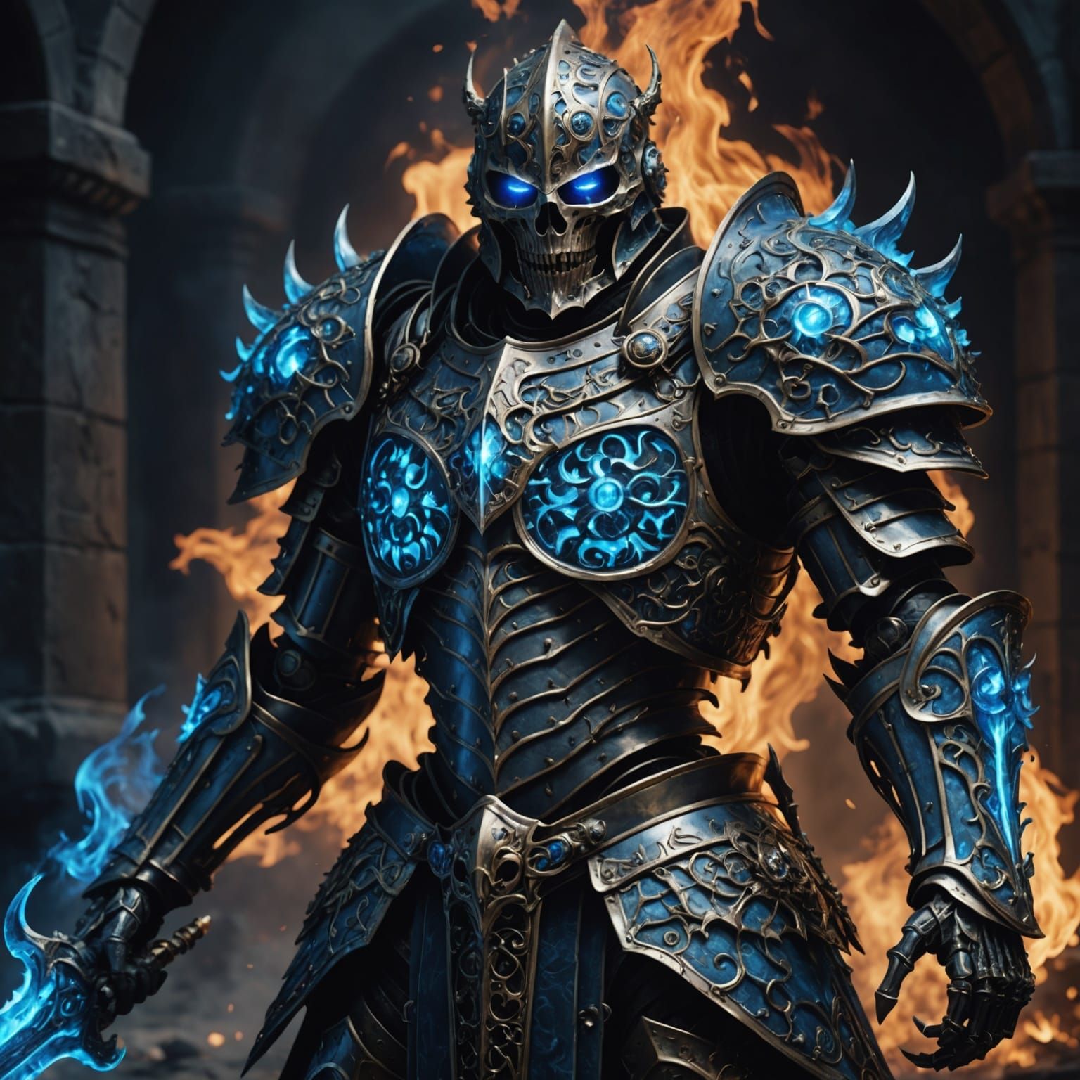 Skeletal Knight with Blue Flame Eyes in Dark Fantasy