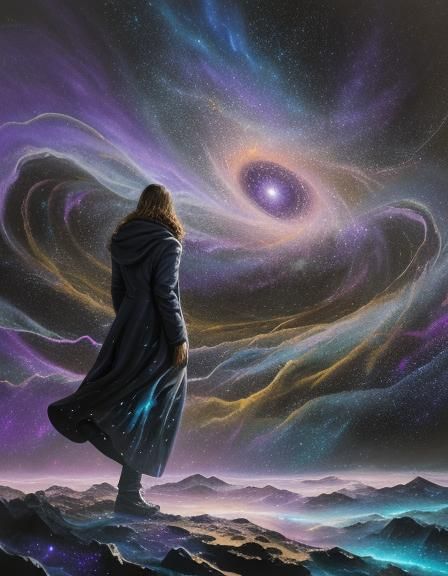 Surreal Figure Steps into a Starry Vortex