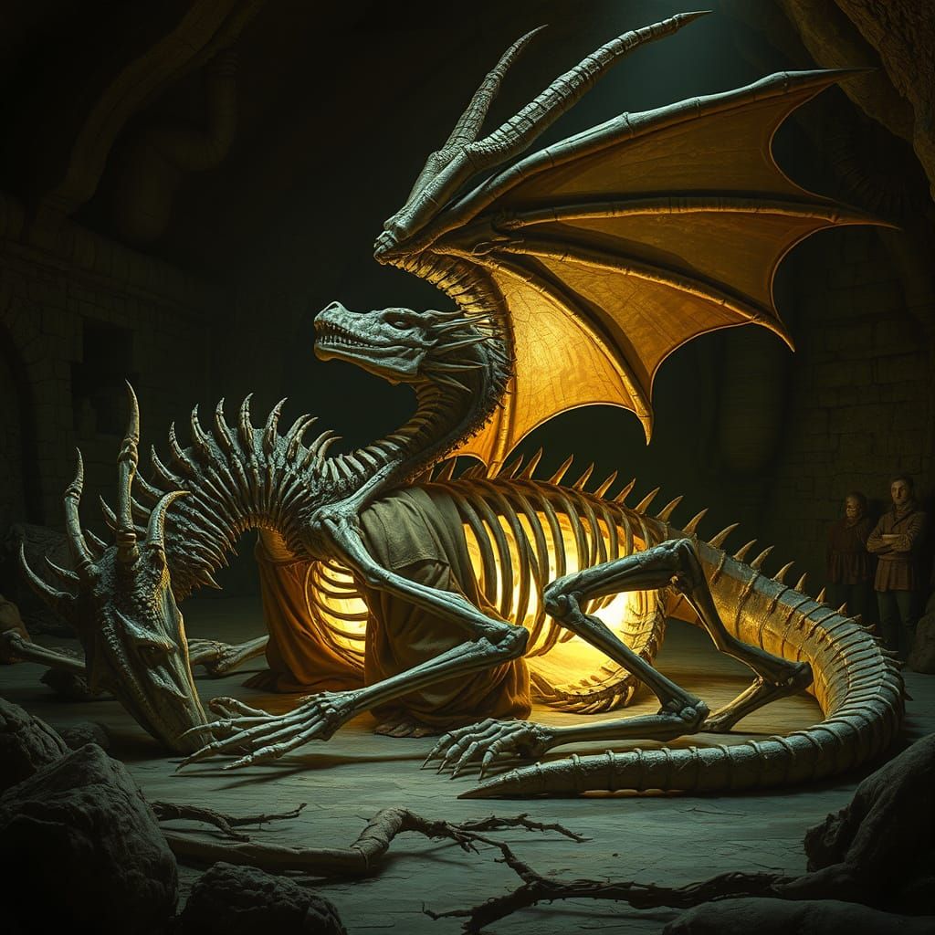 Glowing Bone Dragon Sleeps in Dark Dungeon