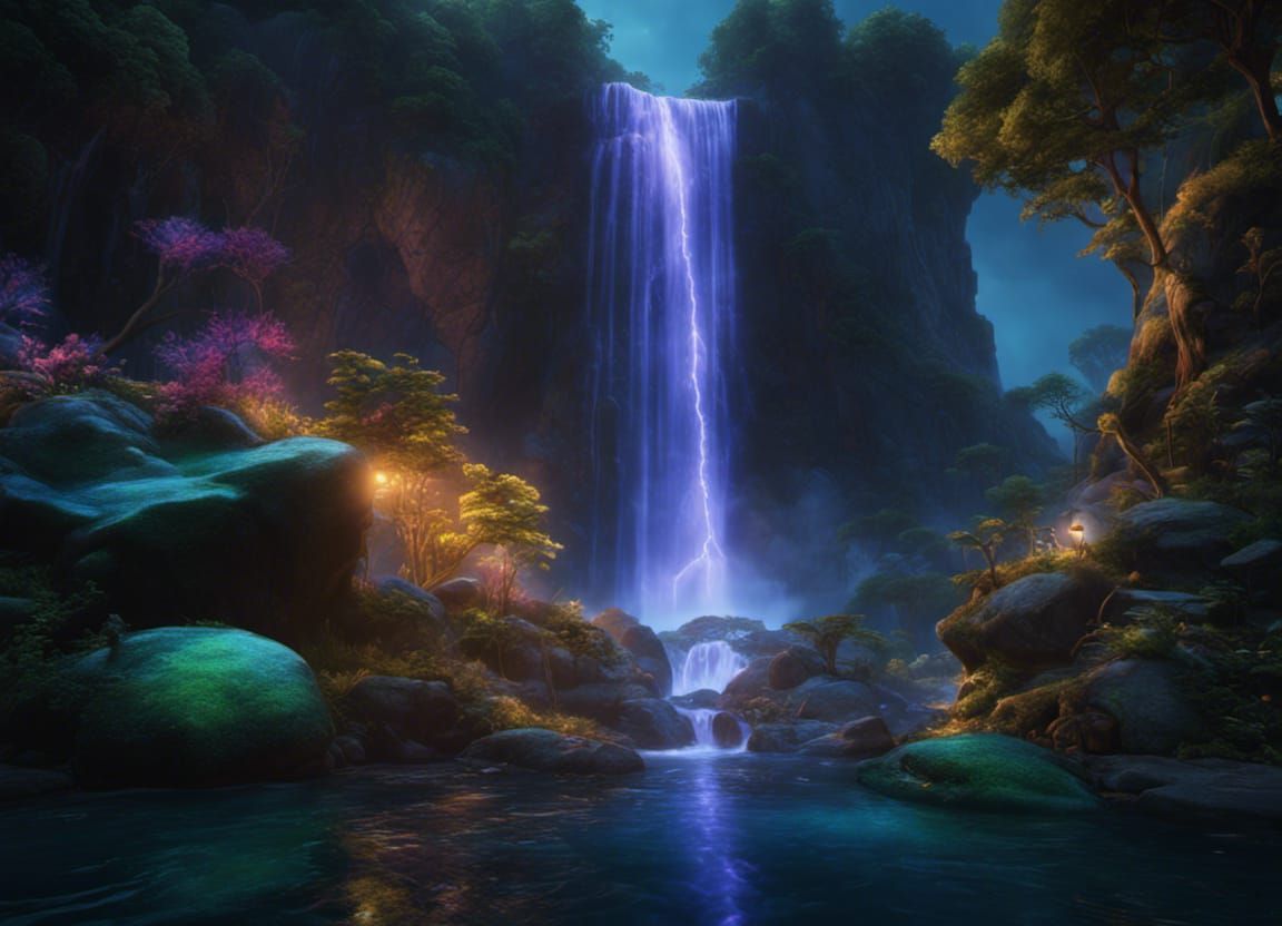 Ethereal Bioluminescent Mermaid at Twilight Waterfall