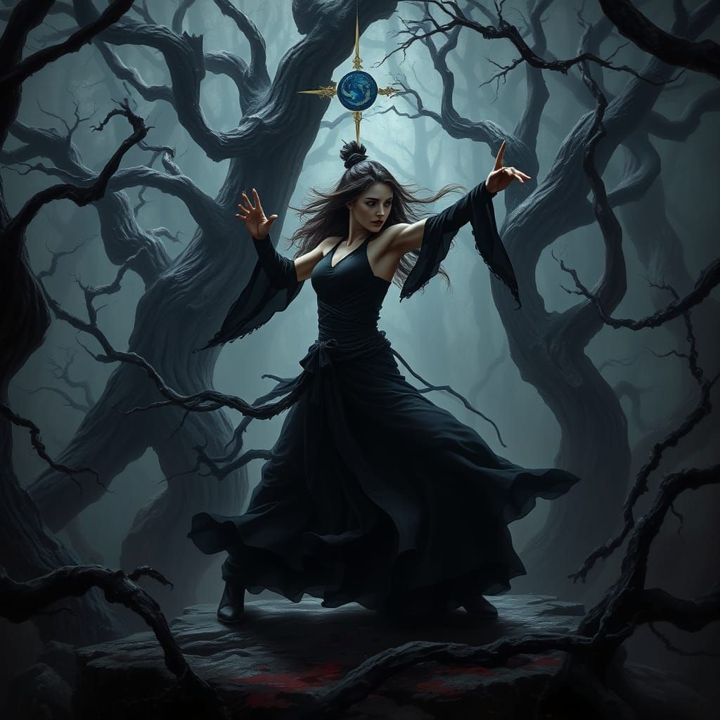 Serpentine Woman in Twisted Forest, Gothic Horror Art