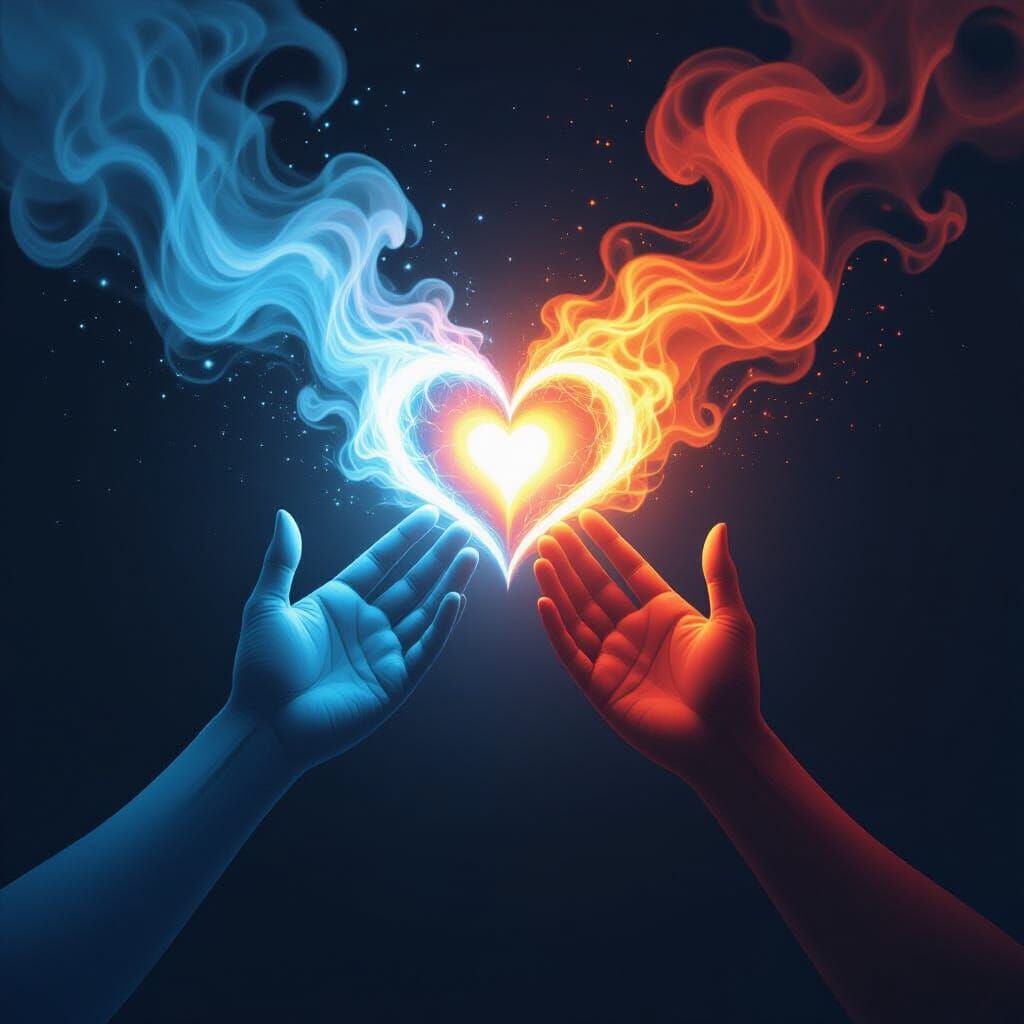 Cosmic Art: Fire and Water Hands Unite with Astral Swirl