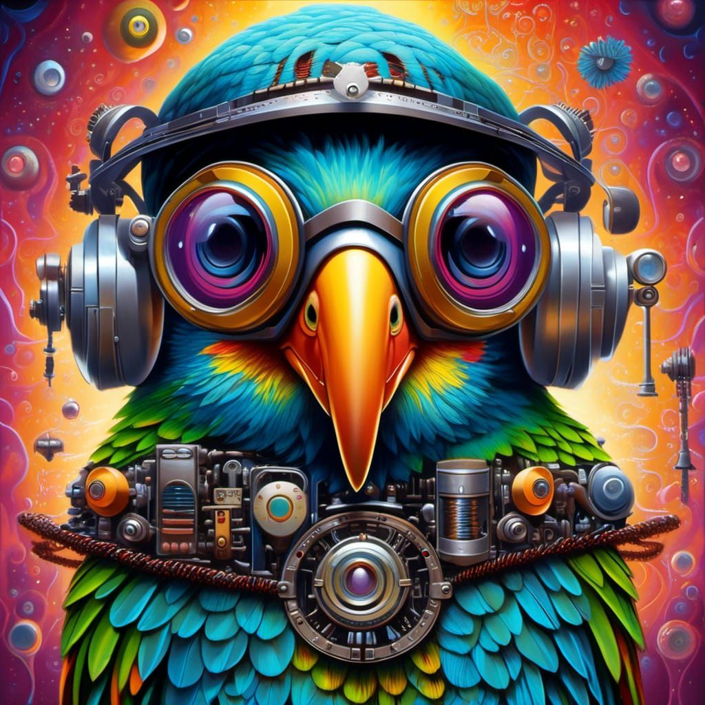 Psychedelic Cyborg Parrot Storybook Illustration
