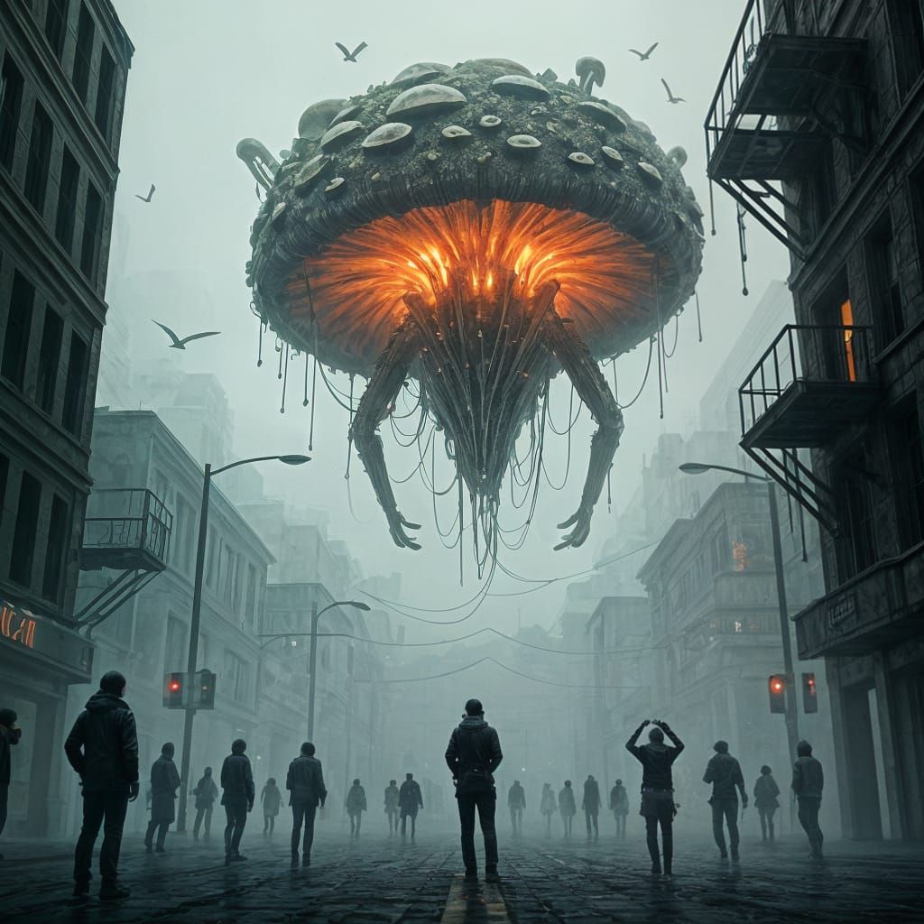 Massive Biopunk Mushroom Towers Over Misty City