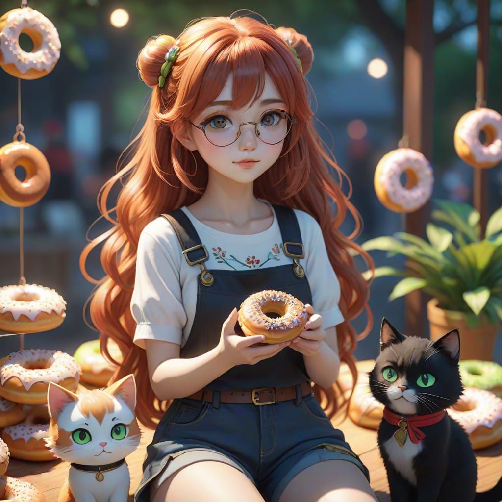 Anime-Inspired Girl Holds Maple Donut with Whimsical Friends