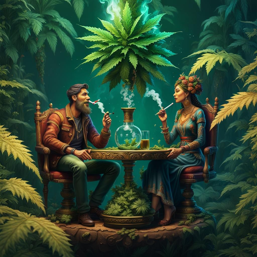 Happy Couple Smoking Cannabis Bong: Detailed Matte Painting