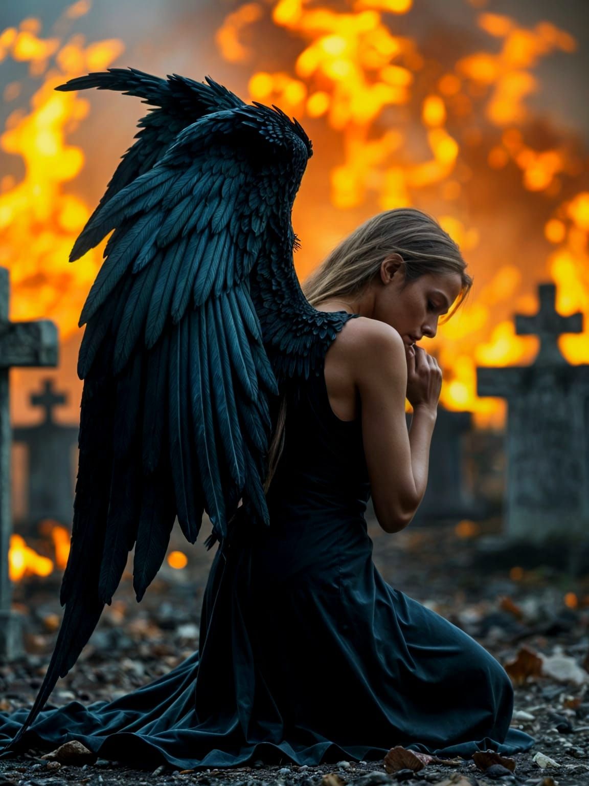 Fallen Angel with Black Wings in Burning Cemetery
