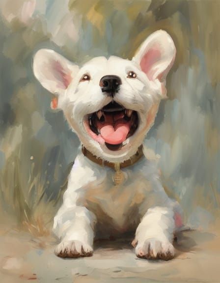 Delightful Gouache Painting of a Smiling White Puppy