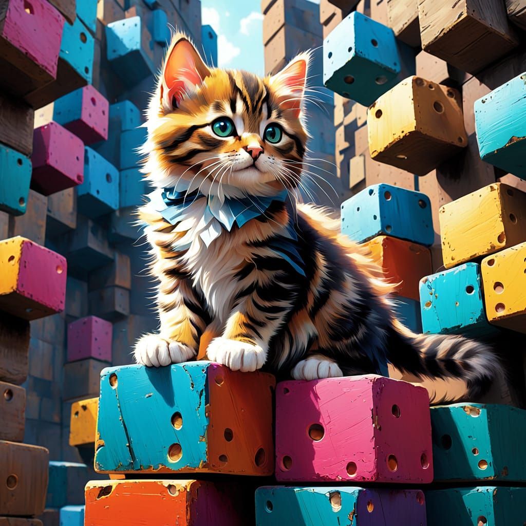 Whimsical Feline Climbs Cubes in Vibrant Colors