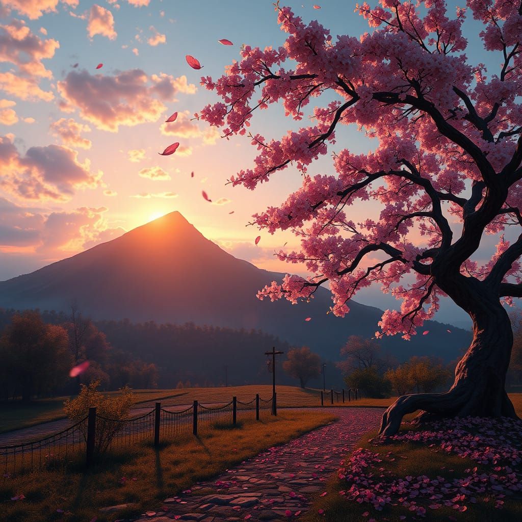Sunset on a Majestic Hill with Blossoming Tree in Fantastica...