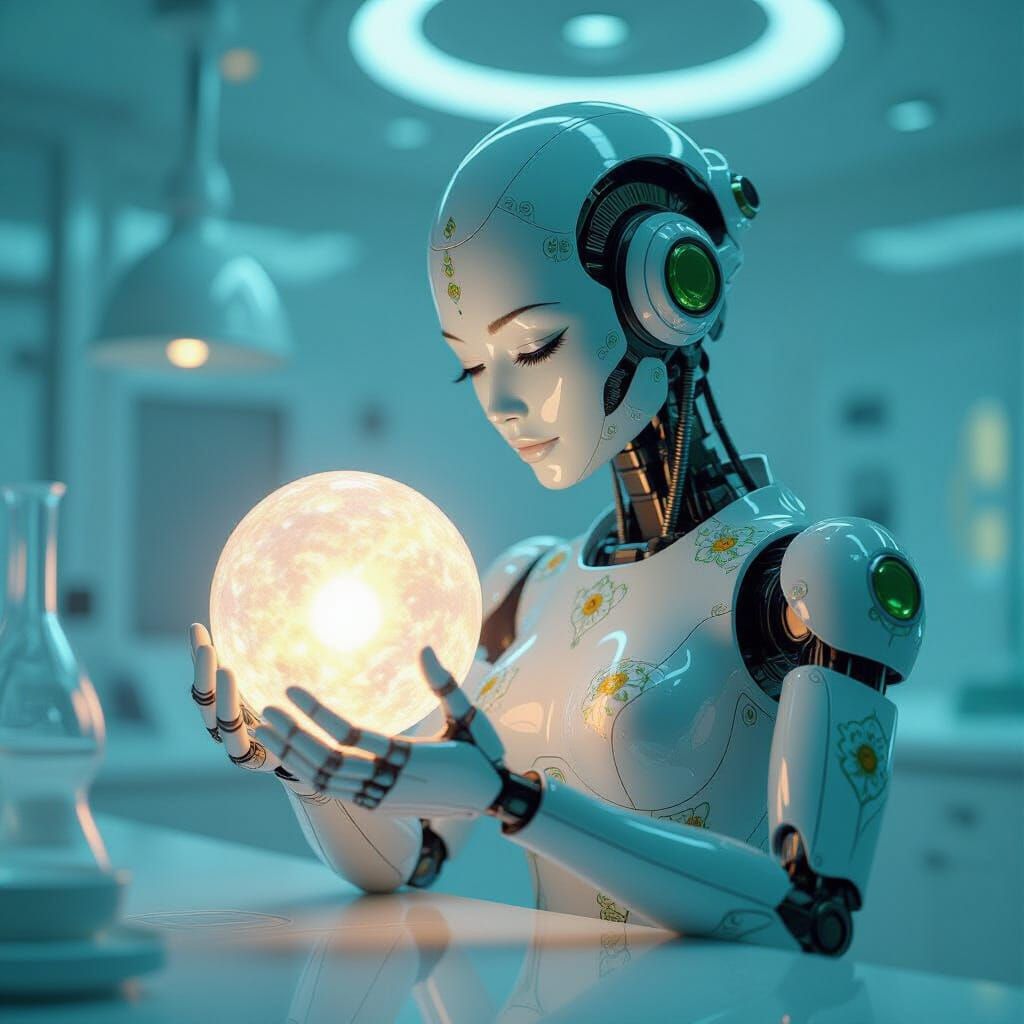 Peridot-Eyed Fembot Holds Fetal Sentience in Surreal Lab