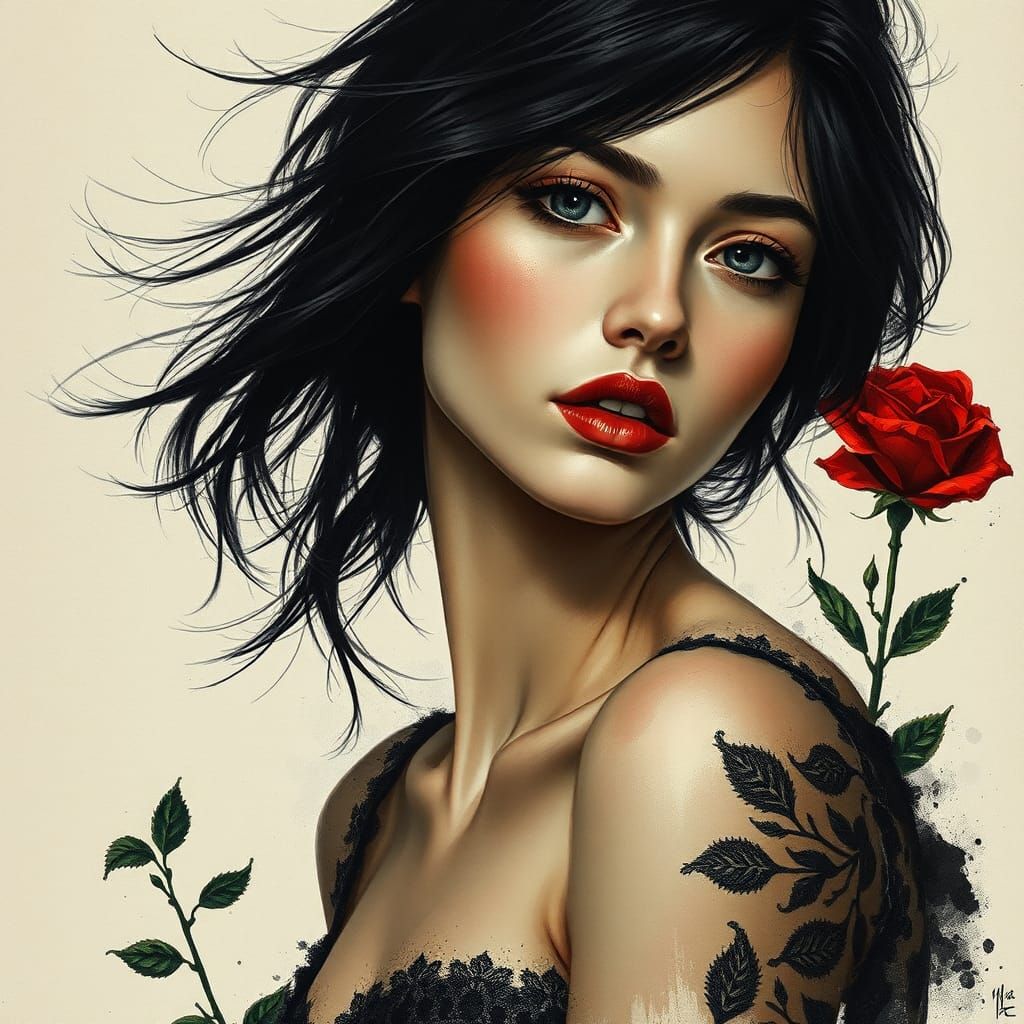 Mystic Woman Portrait in Ink Splatter Style