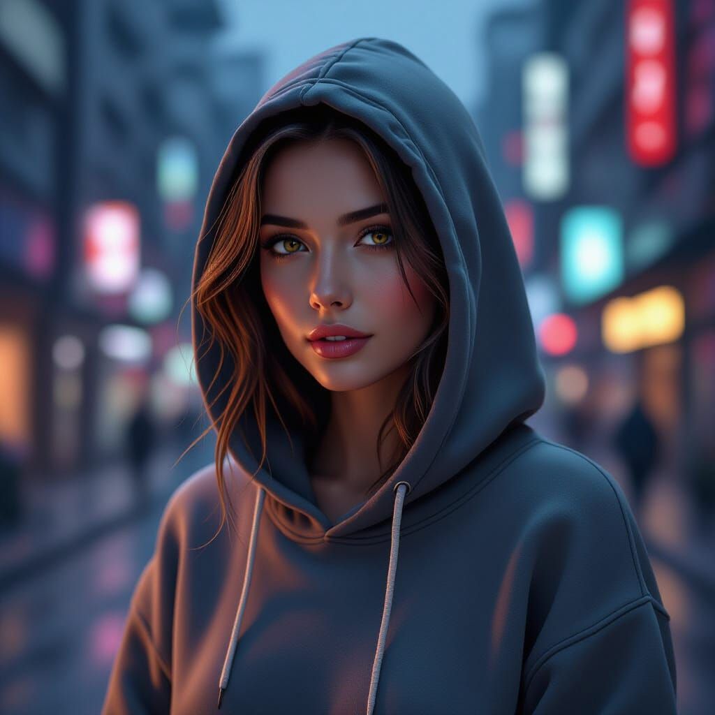 Woman in Hoodie with Subtle Lighting, Photorealistic Renderi...
