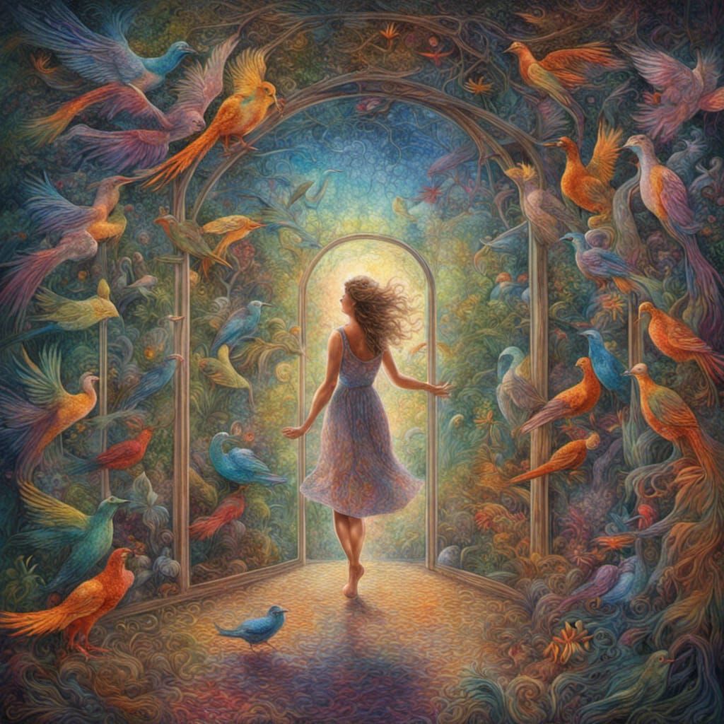 Exotic Birds in Neon Aviary: Pointillism Art