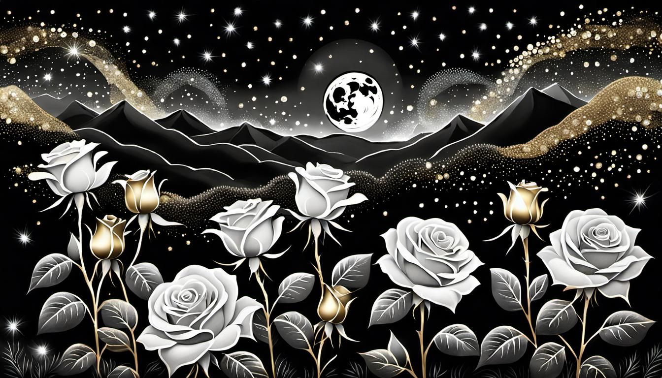 Cosmic Midnight: Black and White Roses Dreamscape