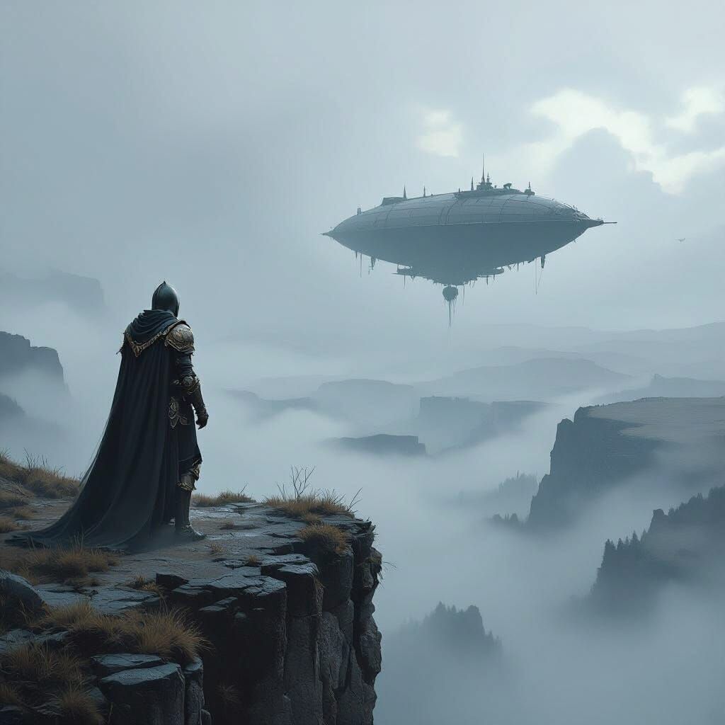 Knight on Cliff Overlooking Misty Valley with Ancient Airshi...