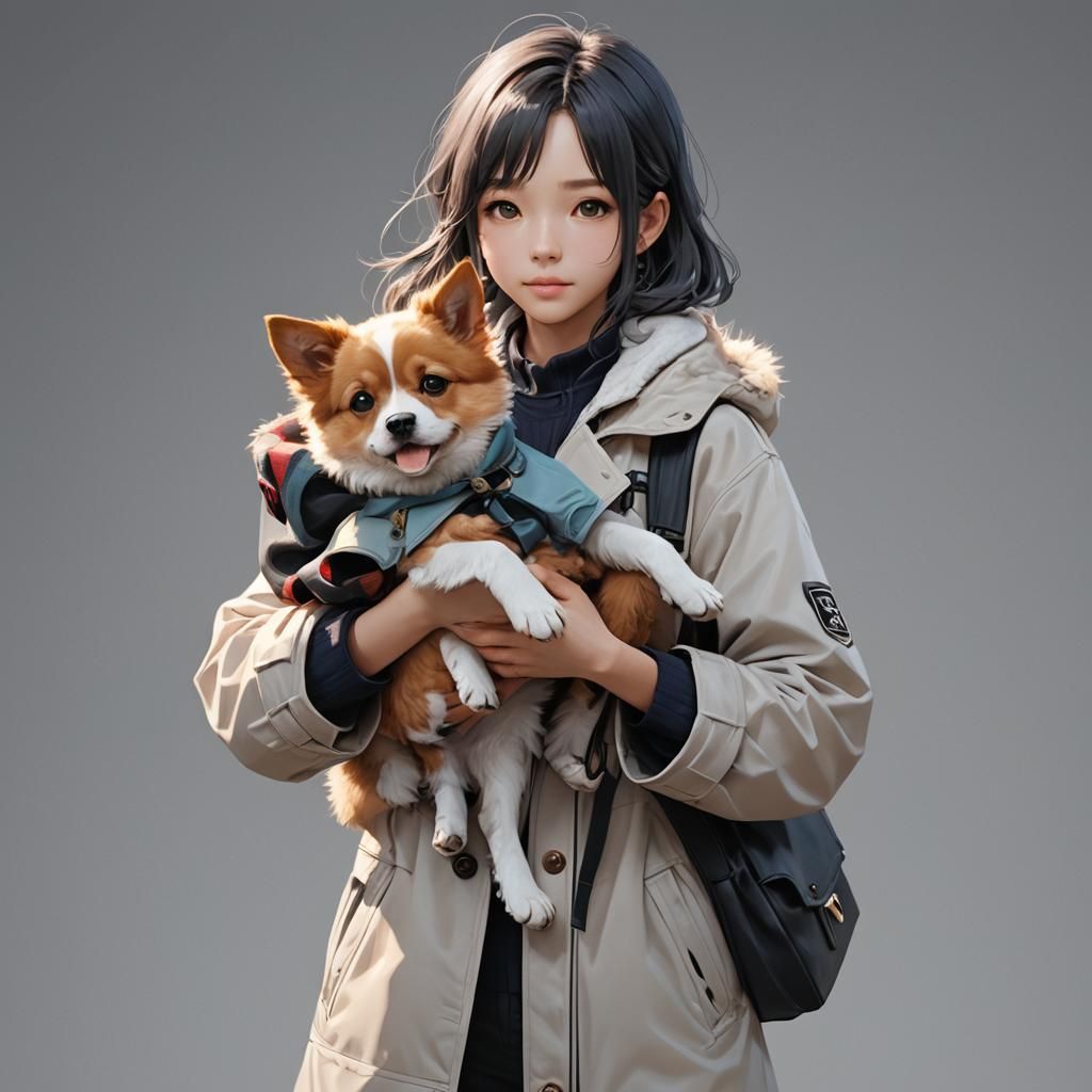 Owner Holding Cute Dog in 3D Anime Art