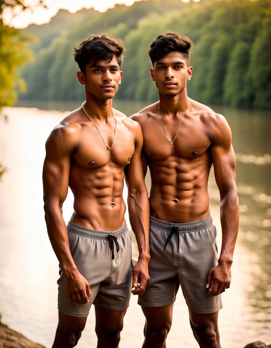 Muscular Indian Twin Brothers by River: Professional Photo