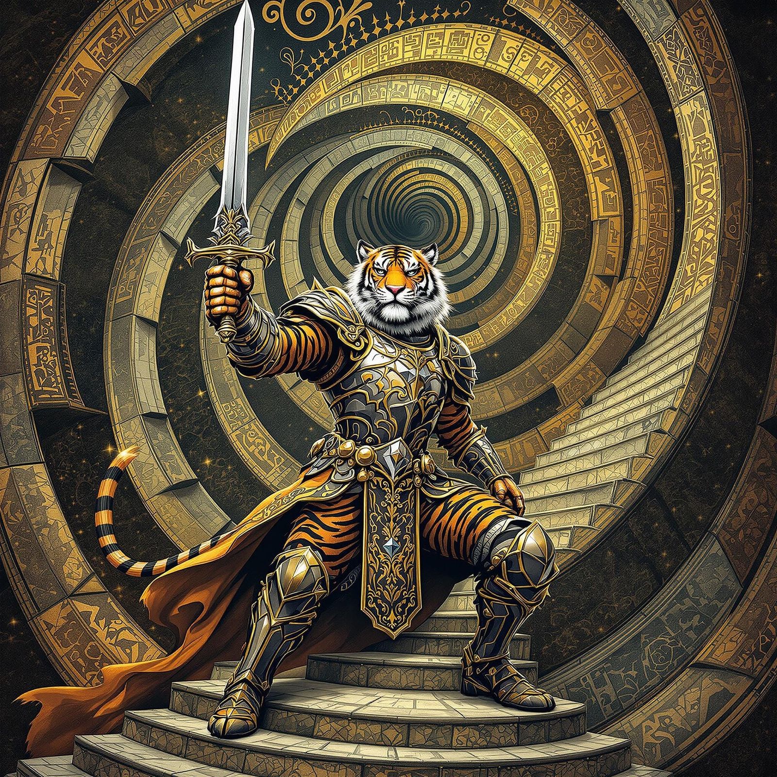 Regal Tiger Knight in Whimsical Escher-Inspired 3D Landscape