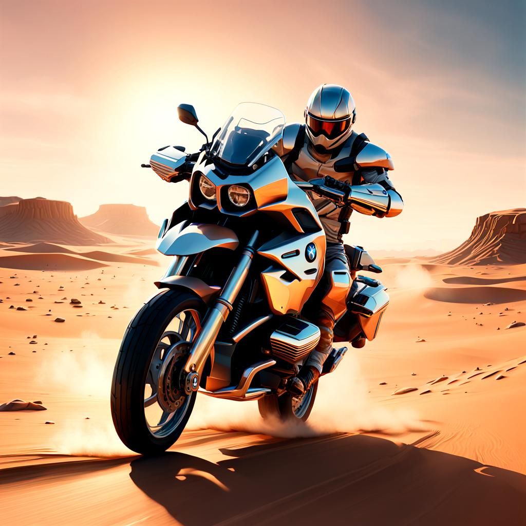 Armored BMW Motorcycle Speeds Through Desert Sunset